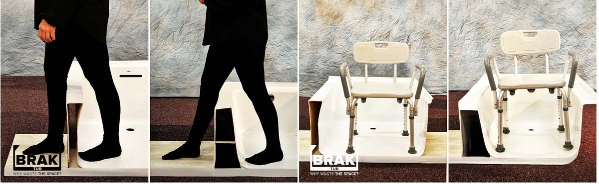 Side by side photo of a person stepping out of a Perfectub vs ordinary tub. To the right, side by side photos of a shower chair in a Perfectub vs in an ordinary tub.